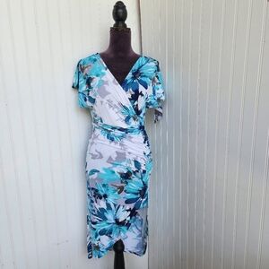 NWT Moci by Purple Rain Women's Dress Aqua Blue Floral Stretch Wrap V-Neck Sz S